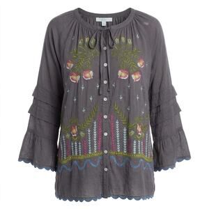Kyla Seo Gray Embroidered Floral Bell Sleeve Blouse Women Size L
